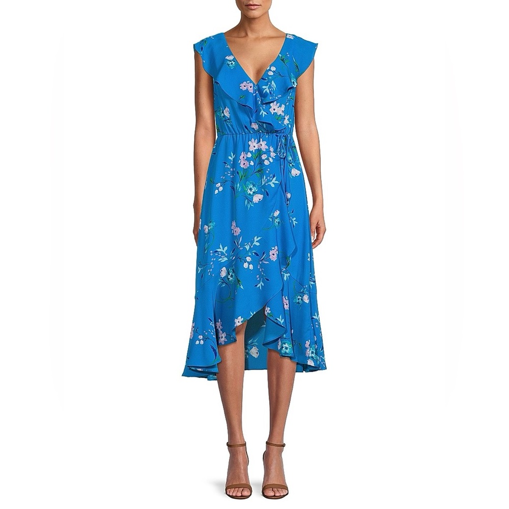 NWT Socialite Blue Floral Ruffle Trim Wrap Dress, Medium